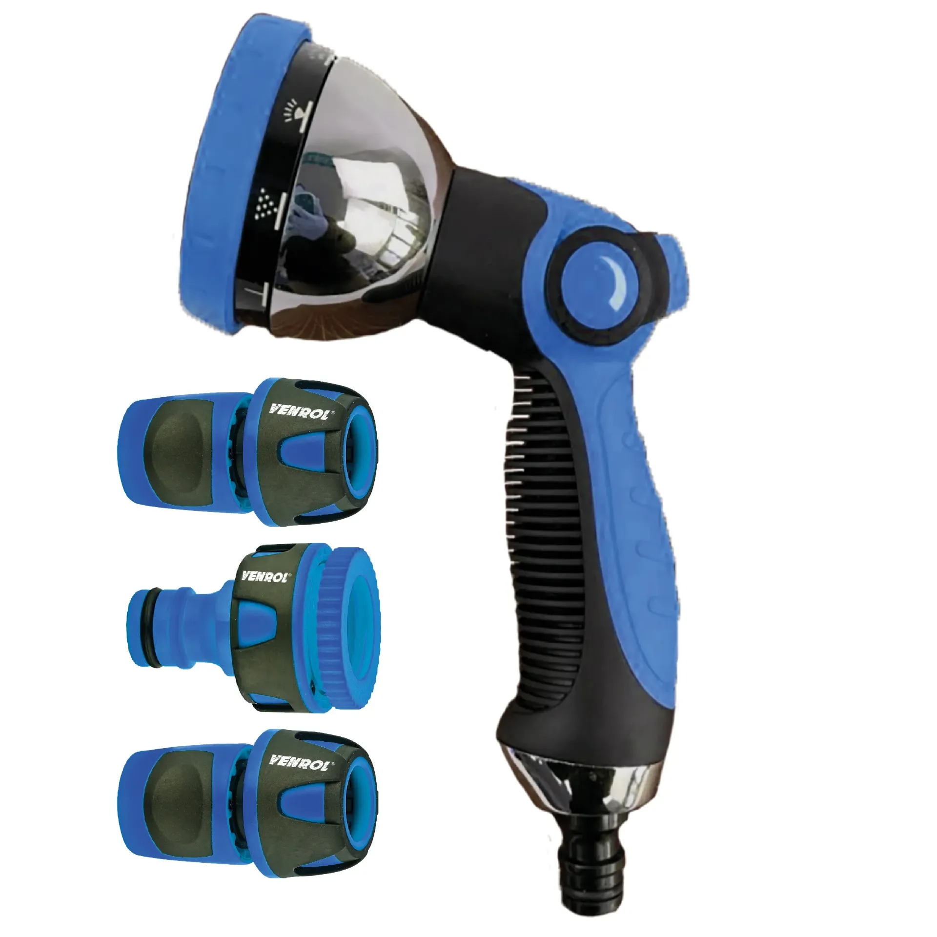 KIT HIDROPISTOLA DE RIEGO 10 POSICIONES Y ACOPLES PARA MANGUERA 1/2" (PREMIUM)