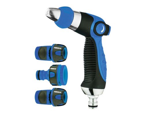 [VR-RIE-0501] KIT HIDROPISTOLA DE RIEGO AJUSTABLE Y ACOPLES PARA MANGUERA 1/2" (PREMIUM)
